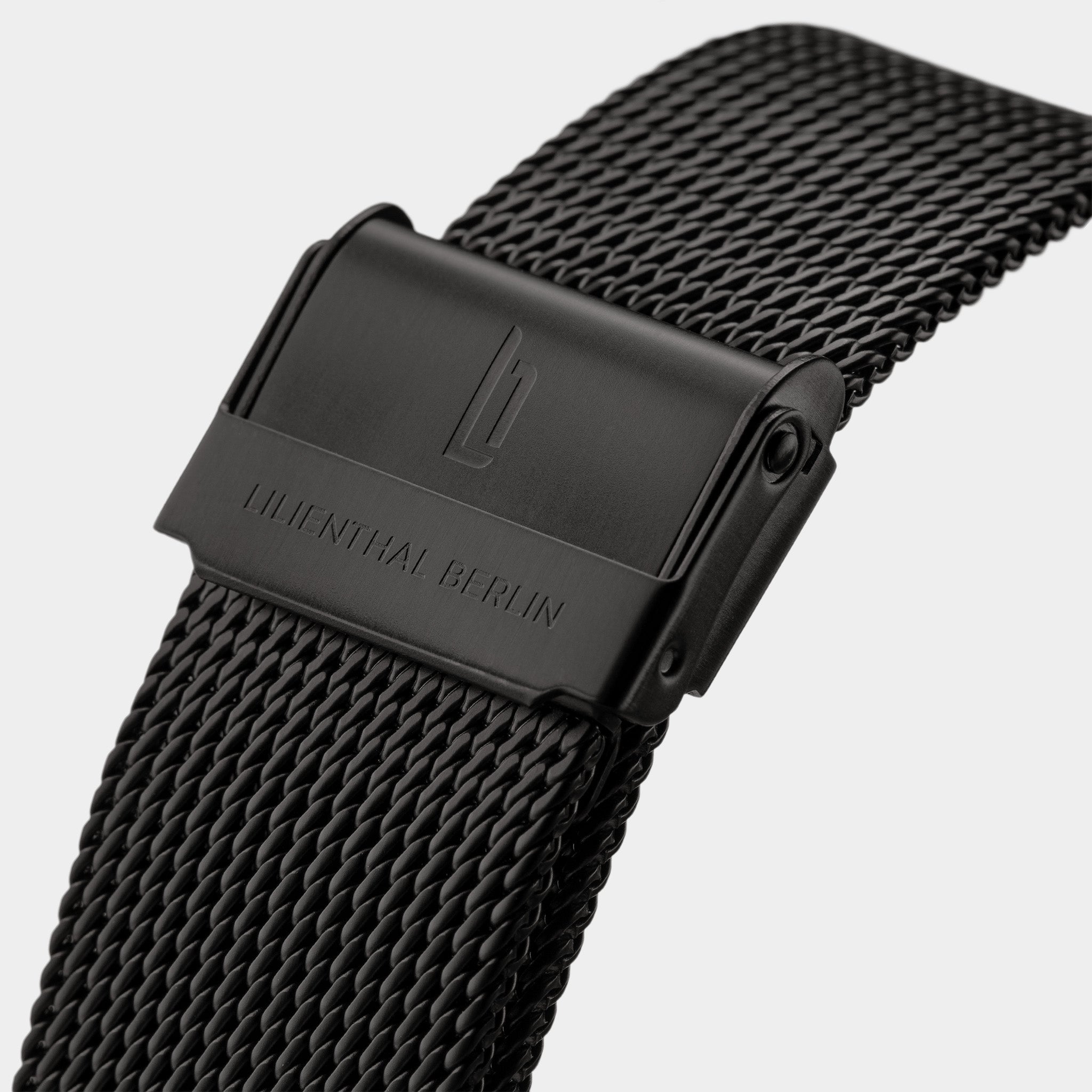 Black stainless steel mesh watch strap with clasp, engraved Lilienthal Berlin logo