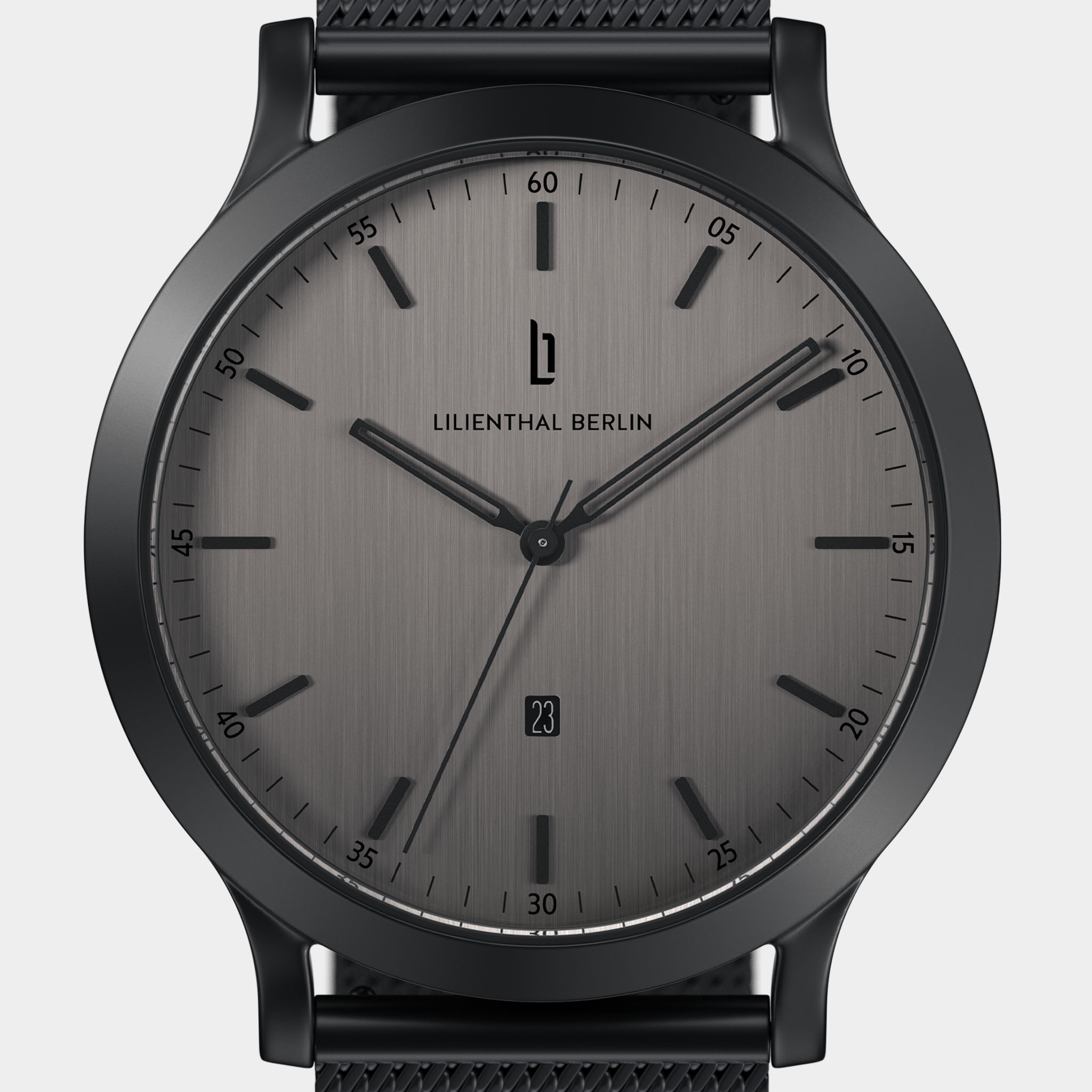 Minimalist black stainless steel wristwatch with grey brushed dial and date display
