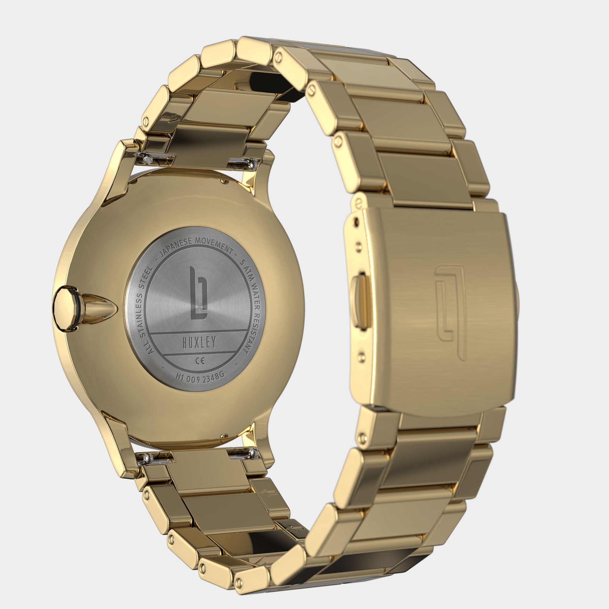 Gold stainless steel wristwatch with Huxley backplate and adjustable bracelet clasp
