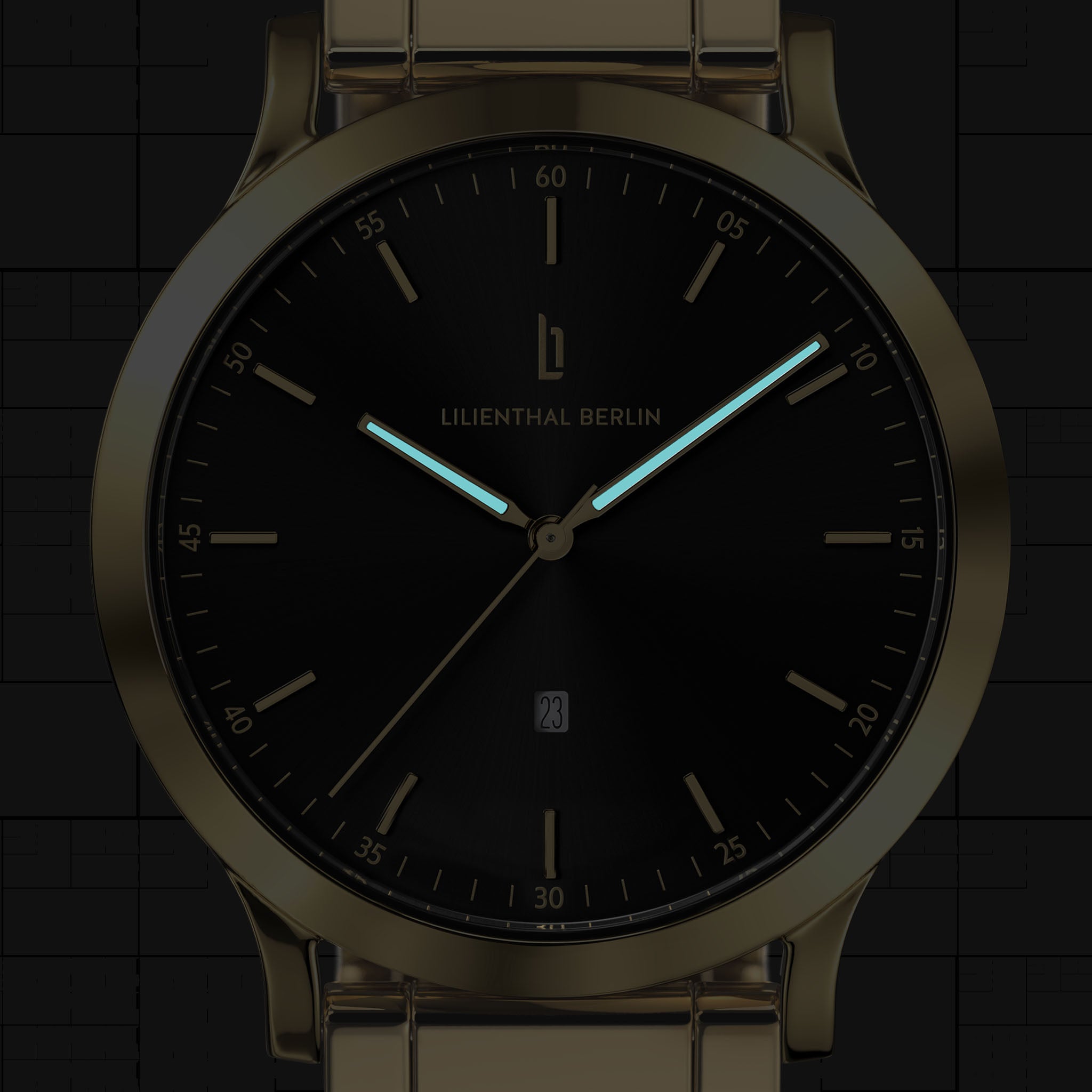 Elegant gold wristwatch with black dial, luminescent hands, and minimal indices