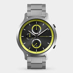 Stainless steel chronograph watch with black dial, yellow accents, and date display