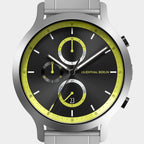Modern chronograph watch with black dial, yellow accents, subdials, and silver case