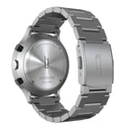 Stainless steel chronograph watch back with engraved logo and metal bracelet