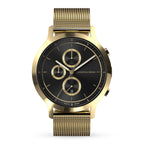 Gold mesh band chronograph watch with black and gold dial, minimalist design, date display