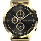 Gold chronograph watch with black dial, mesh strap, and date display