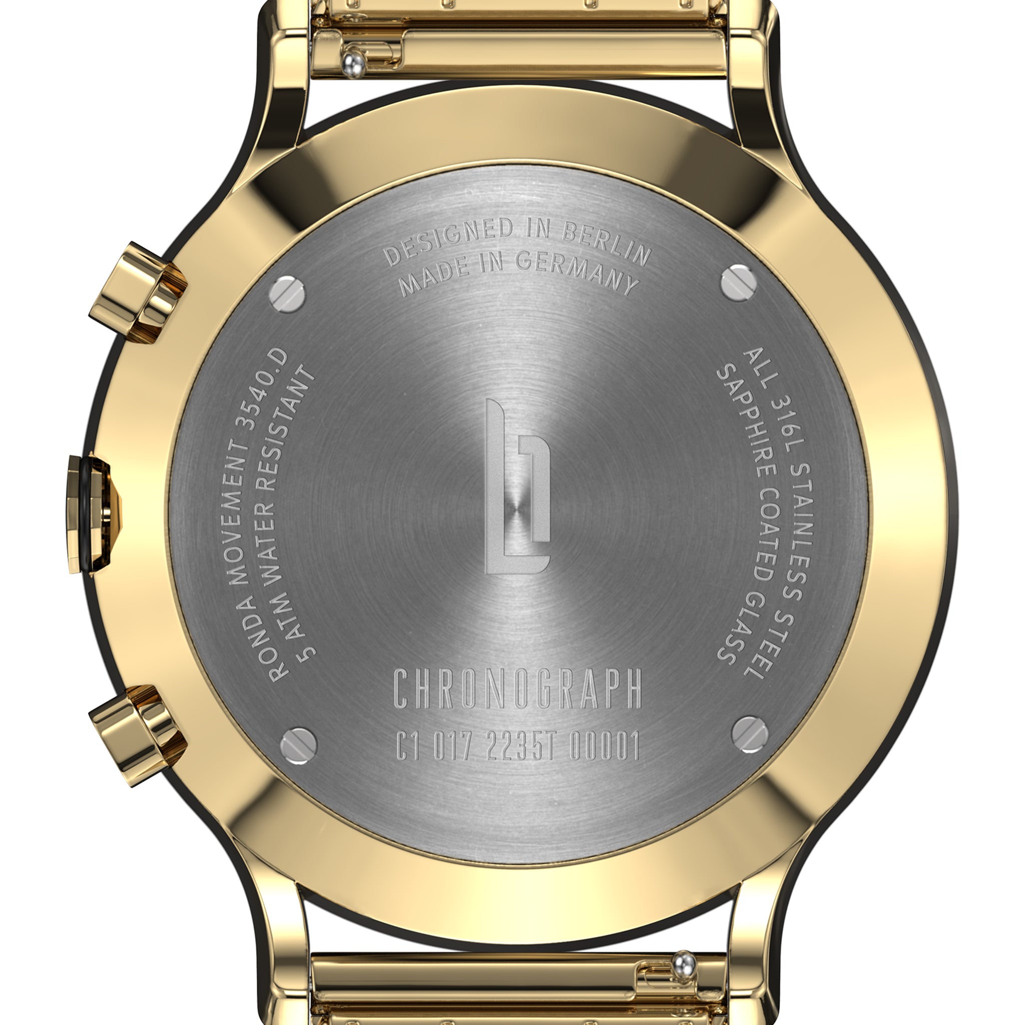 Close-up of gold chronograph watch case back with steel engraving and branded logo