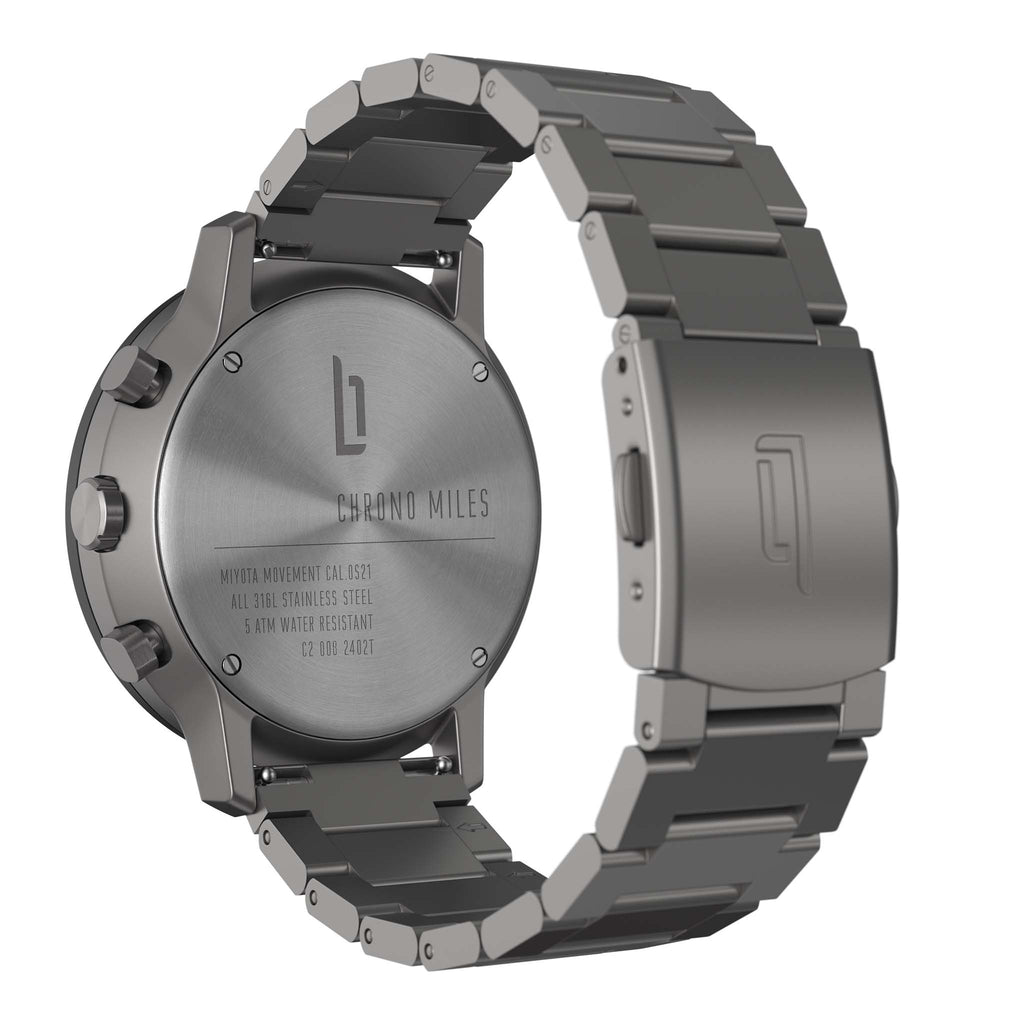 Close-up of the stainless steel back and bracelet of a Chrono Miles watch with clasp details.