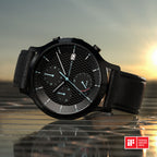 Black chronograph watch with textured dial, black leather strap, solar power, iF Design Award 2023 badge