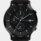 Black chronograph watch with solar subdial, textured checkered dial, and leather strap