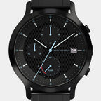 Black solar-powered chronograph watch with subdials, date display, and checkered dial pattern