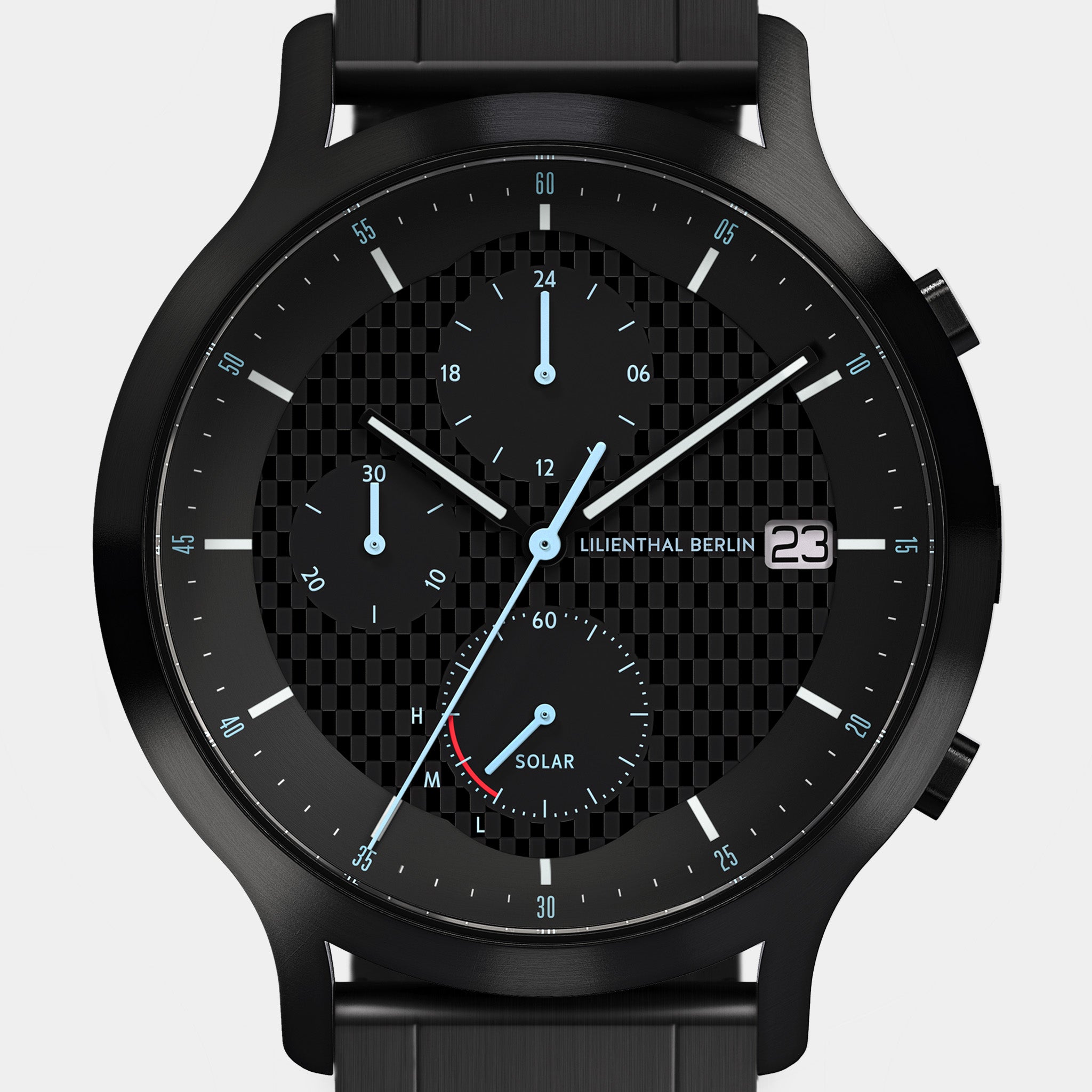 Black solar-powered chronograph watch with subdials, date display, and checkered dial pattern