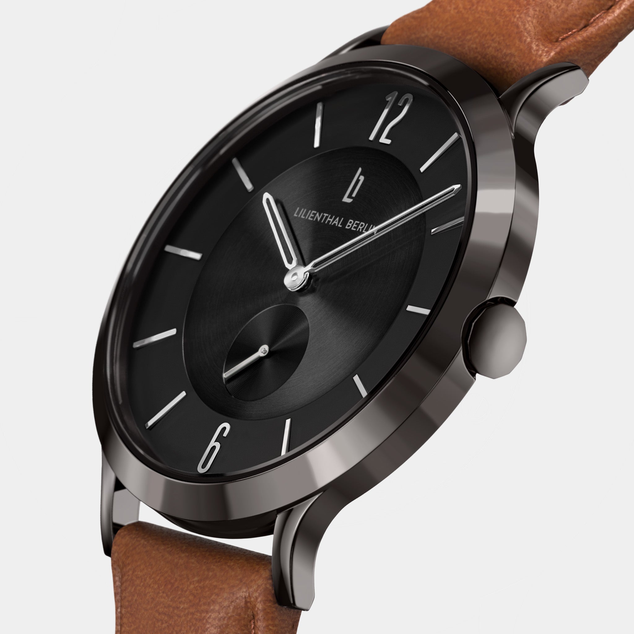 Modern black watch with brown leather strap, minimalist dial and silver accents